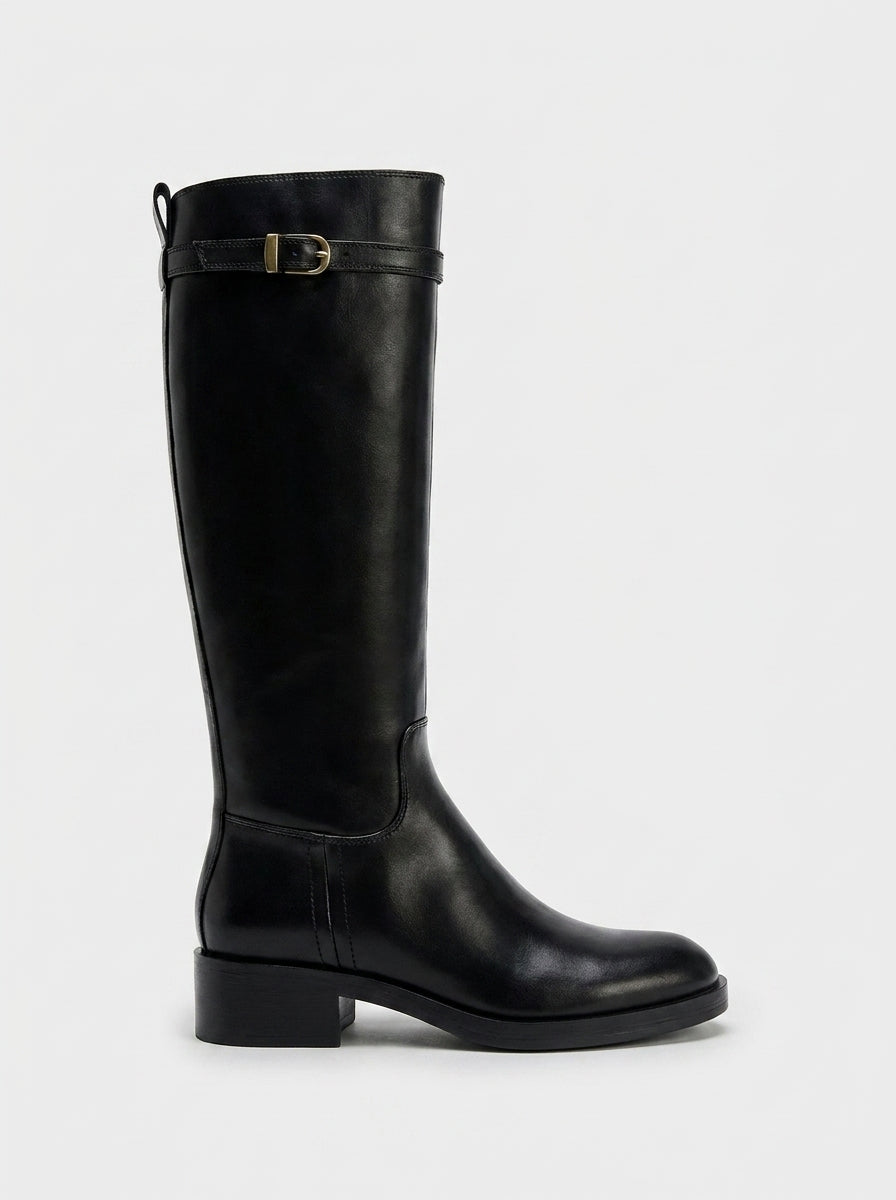 CHUNKY HEEL LEATHER BLACK BOOTS