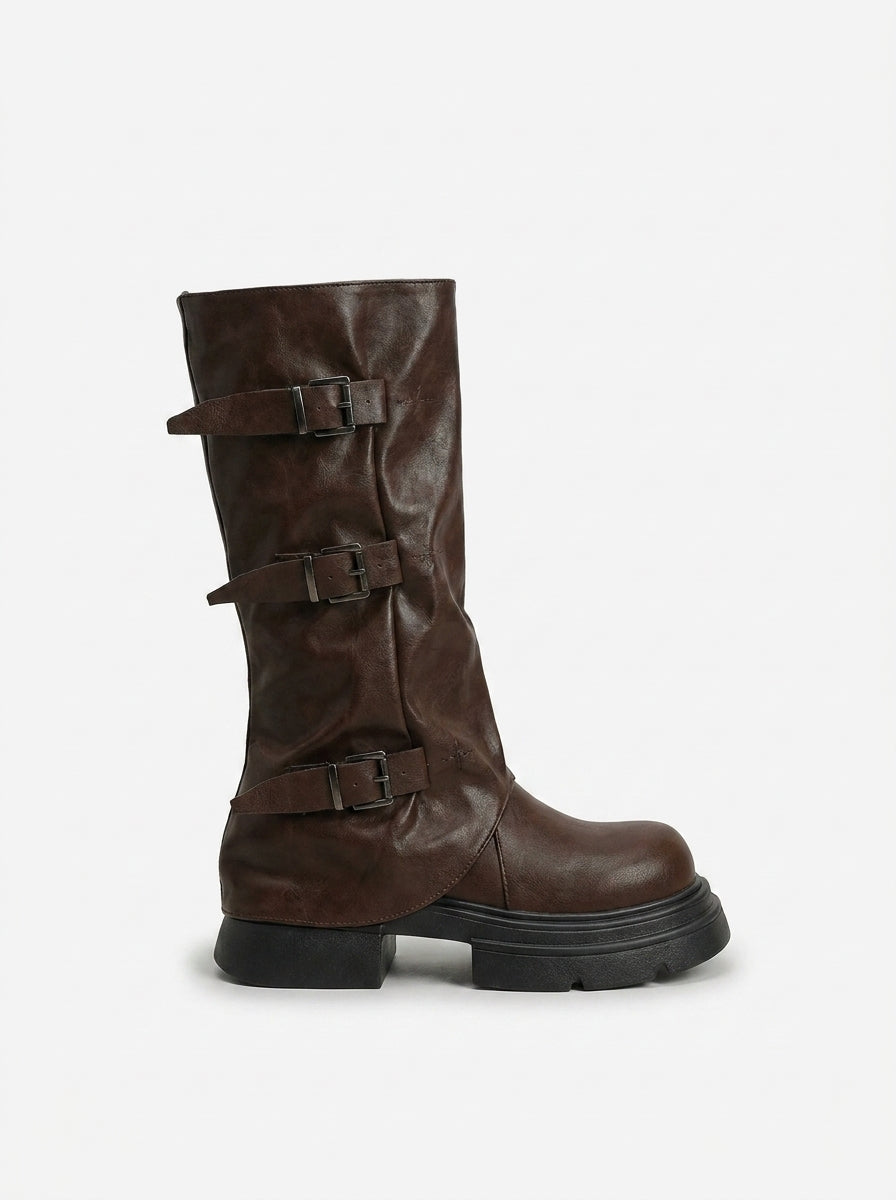 BUCKLE LEATHER BOOTS PLEATED
