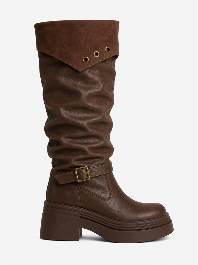 Women Leather Boots Platform Chunky