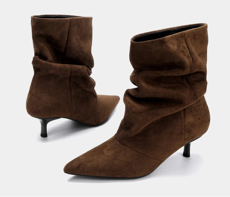 PLEATED SUEDE BOOTS POINTED HEEL