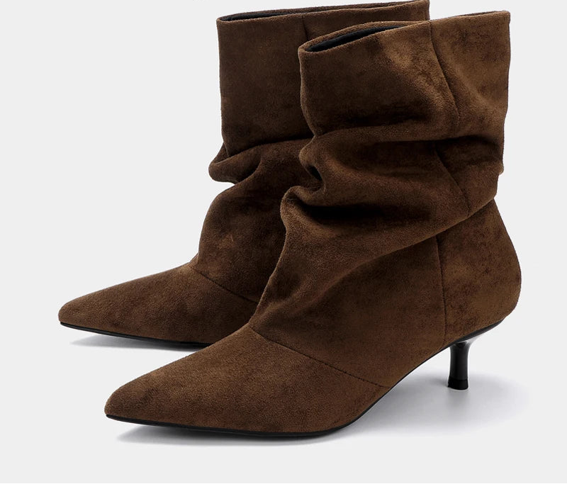 PLEATED SUEDE BOOTS POINTED HEEL