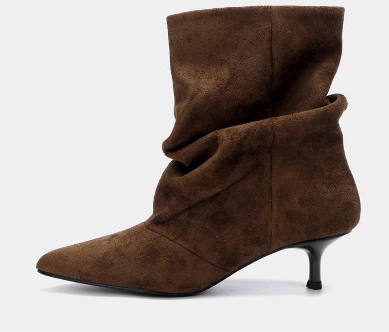 PLEATED SUEDE BOOTS POINTED HEEL