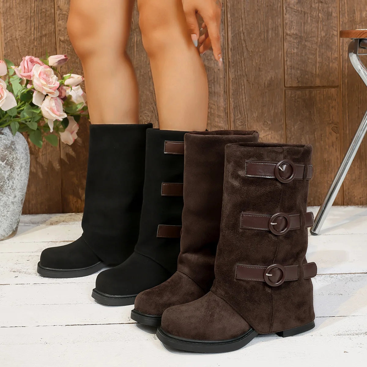 women suede boots chunky heel high top