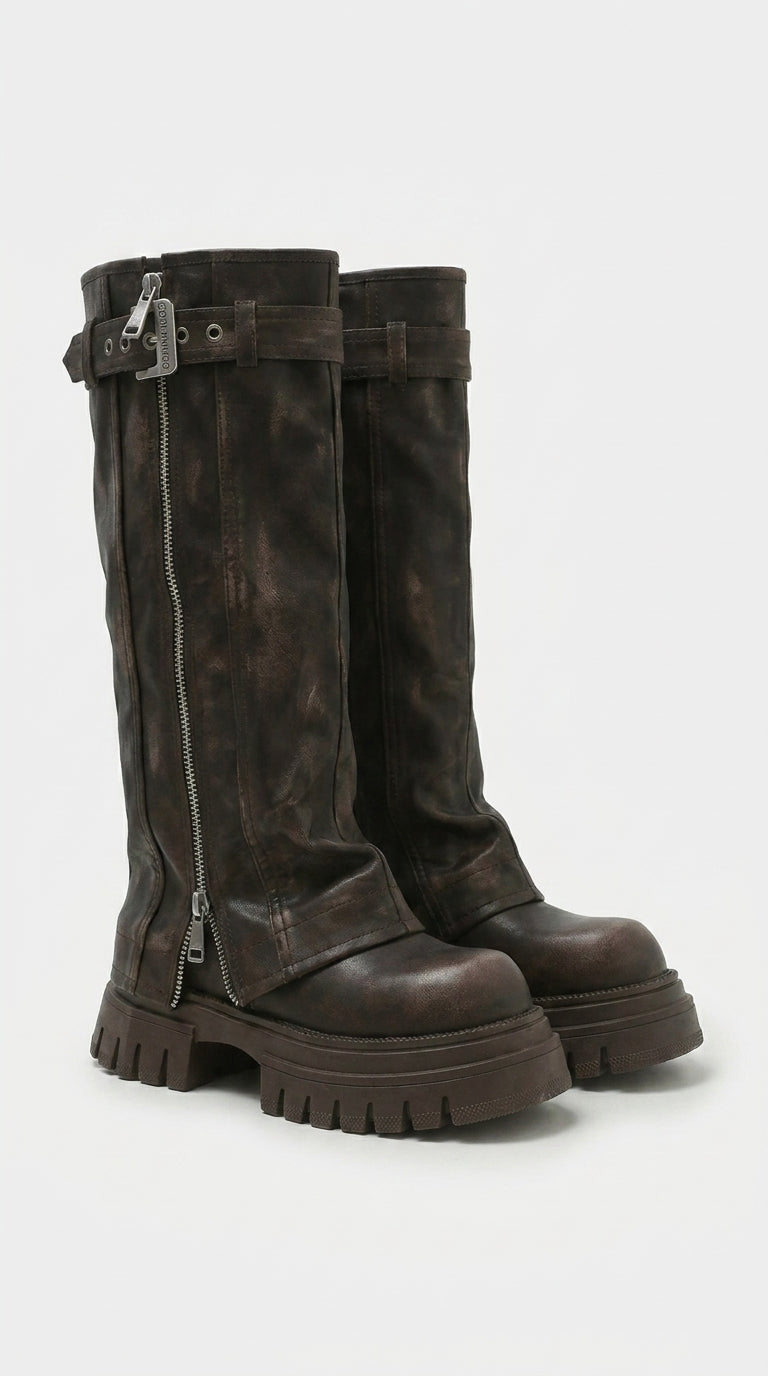 ZIPPER BUCKLE HIGH KNEE BOOTS VAEL