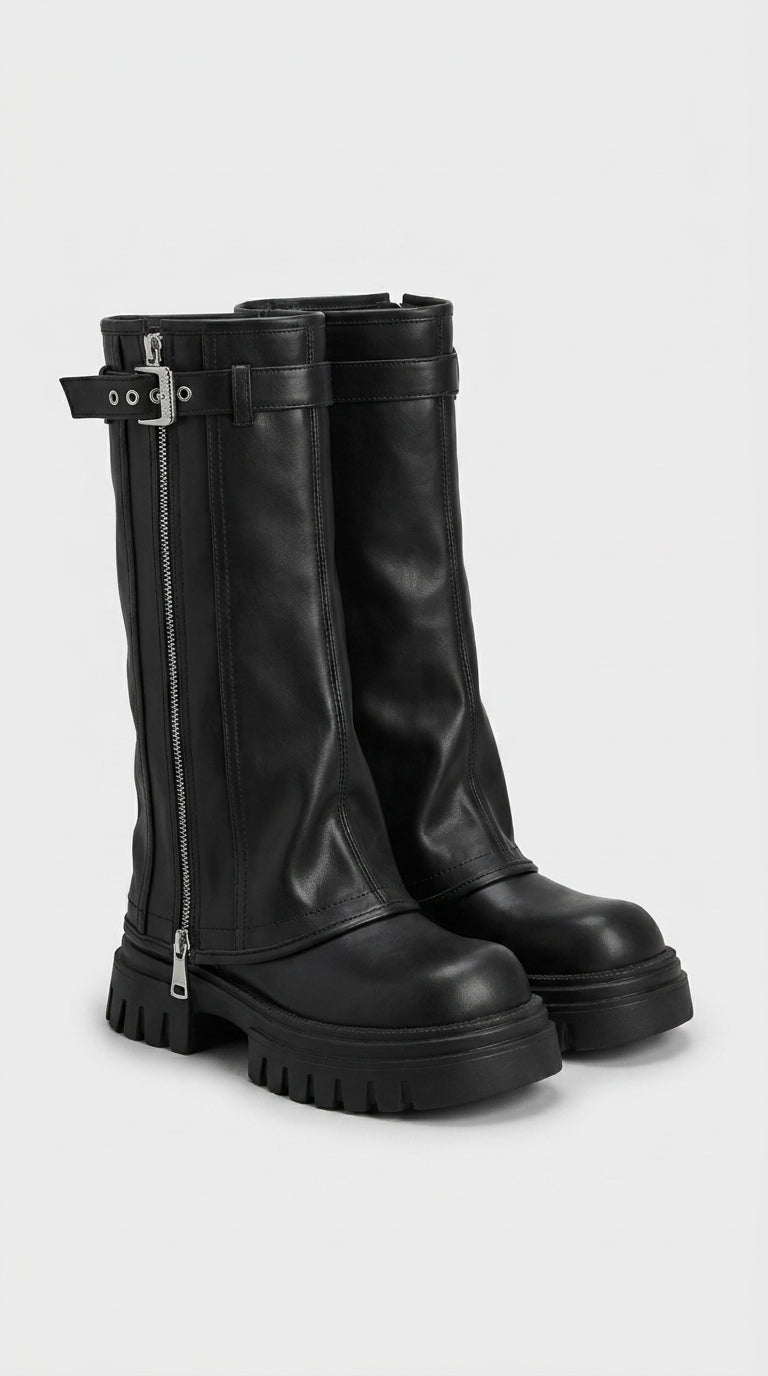 ZIPPER BUCKLE HIGH KNEE BOOTS VAEL